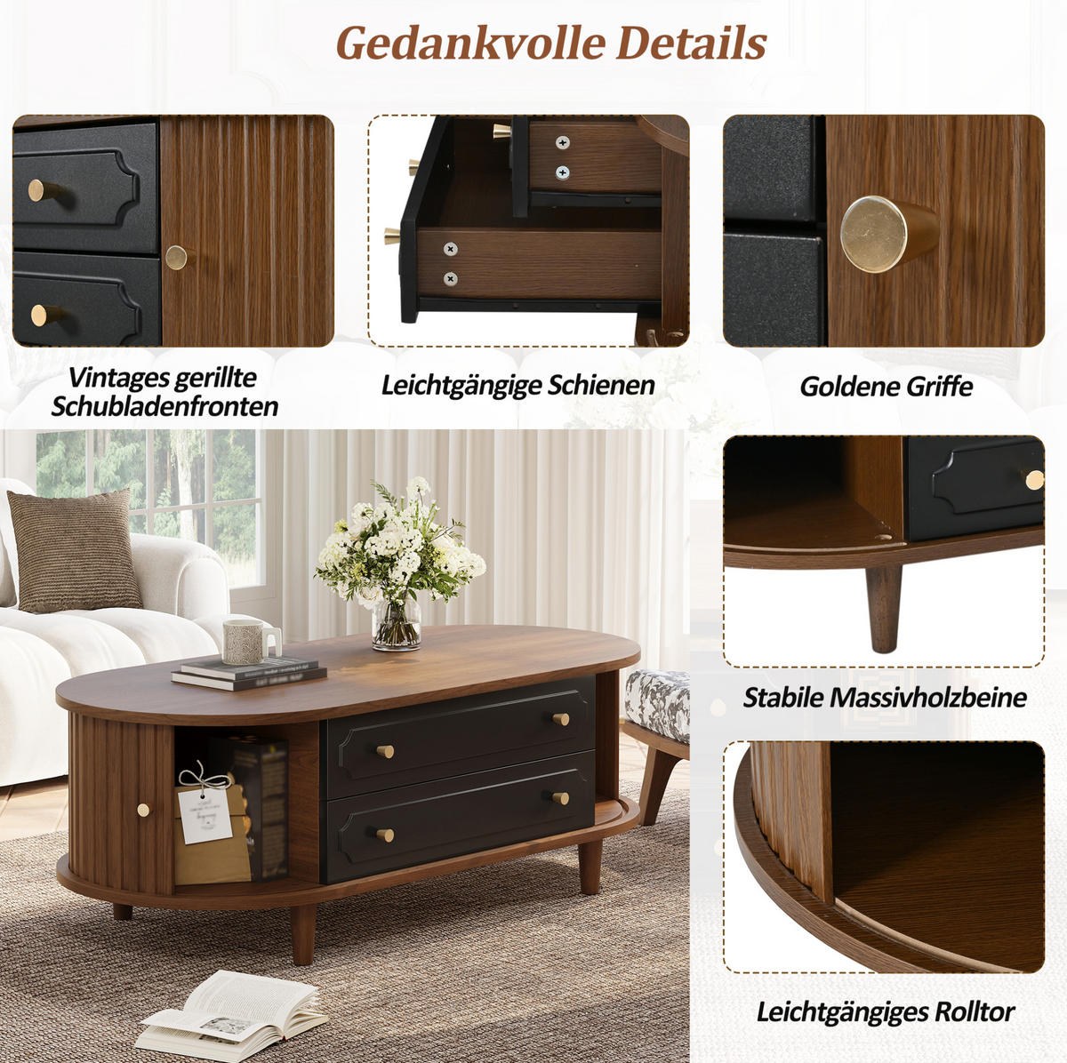 COUCHTISCH 100/50/36 cm Walnussholz Schwarz aus Holzwerkstoff mit 2 Rolltüren und 2 Schubladen - Walnussfarben, Holzwerkstoff (100/50/36cm) - OKWISH