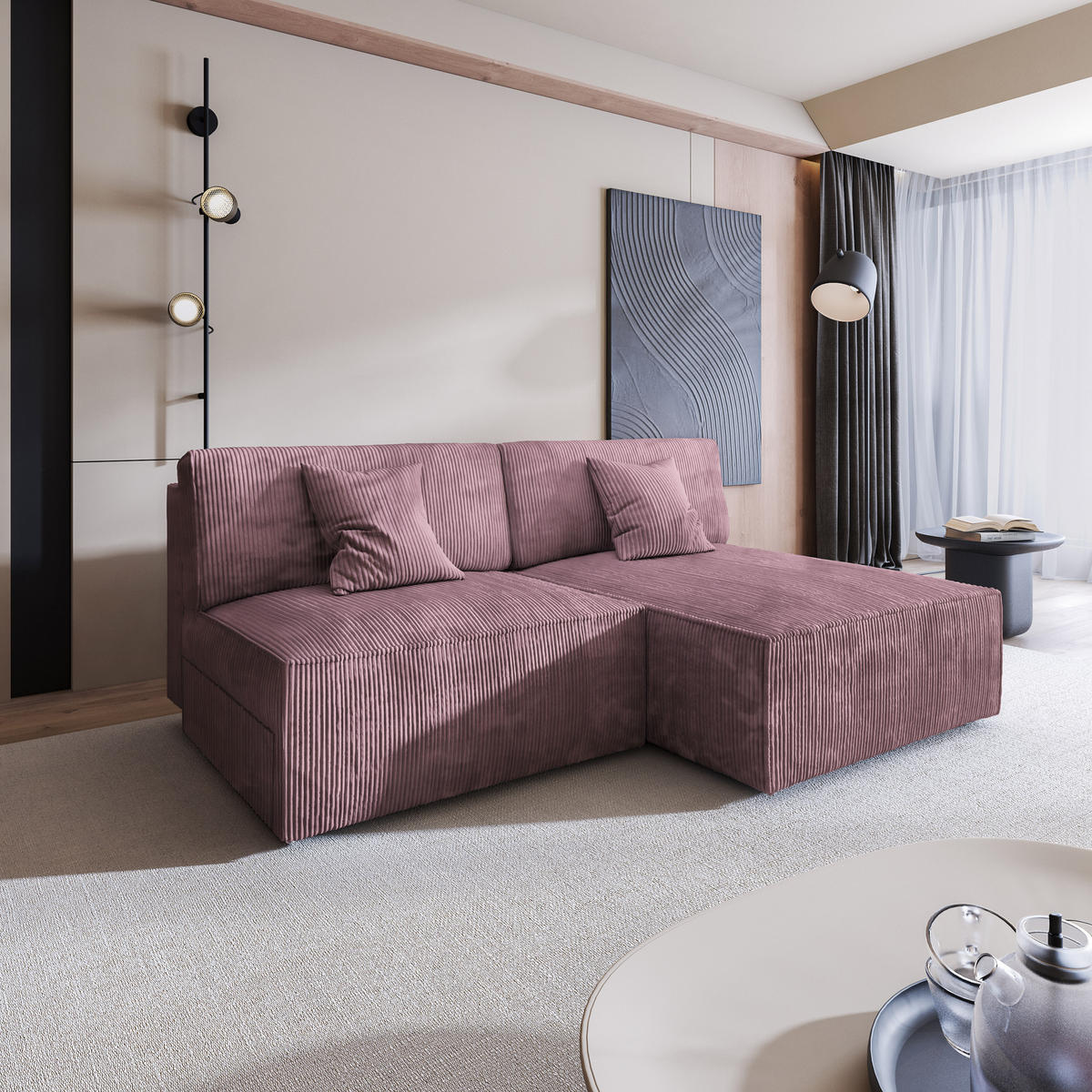 ECKSOFA FIORO P Lila Kordstoff mit Schlaffunktion - Lila/Grau, Holz/Kunststoff (204/148cm) - MASSENO