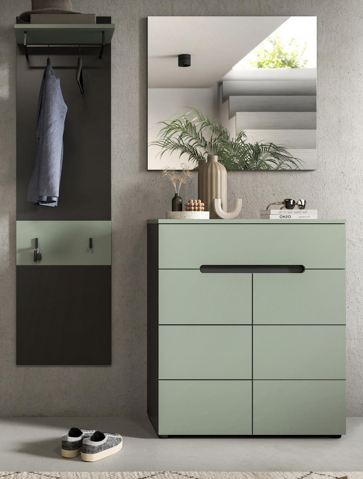 GARDEROBE-SET Salbei und grau, Garderobe 3-teilig, 140 x 190 cm, Soft-Close, Cooper - Salbeigrün/Dunkelgrau, Holzwerkstoff/Kunststoff (140/190/37cm) - Inn.Furn