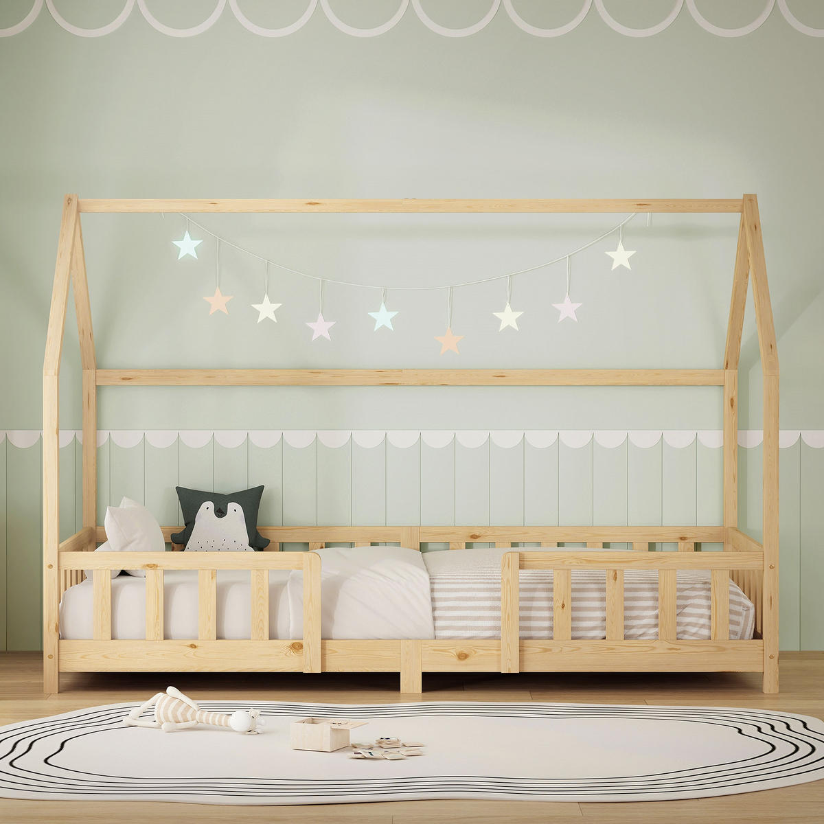 DĚTSKÁ postel 90x200 cm s matrací a ochrannou bočnicí, přírodní borovicové dřevo - přírodní, dřevo (90/200cm) - ML-DESIGN
