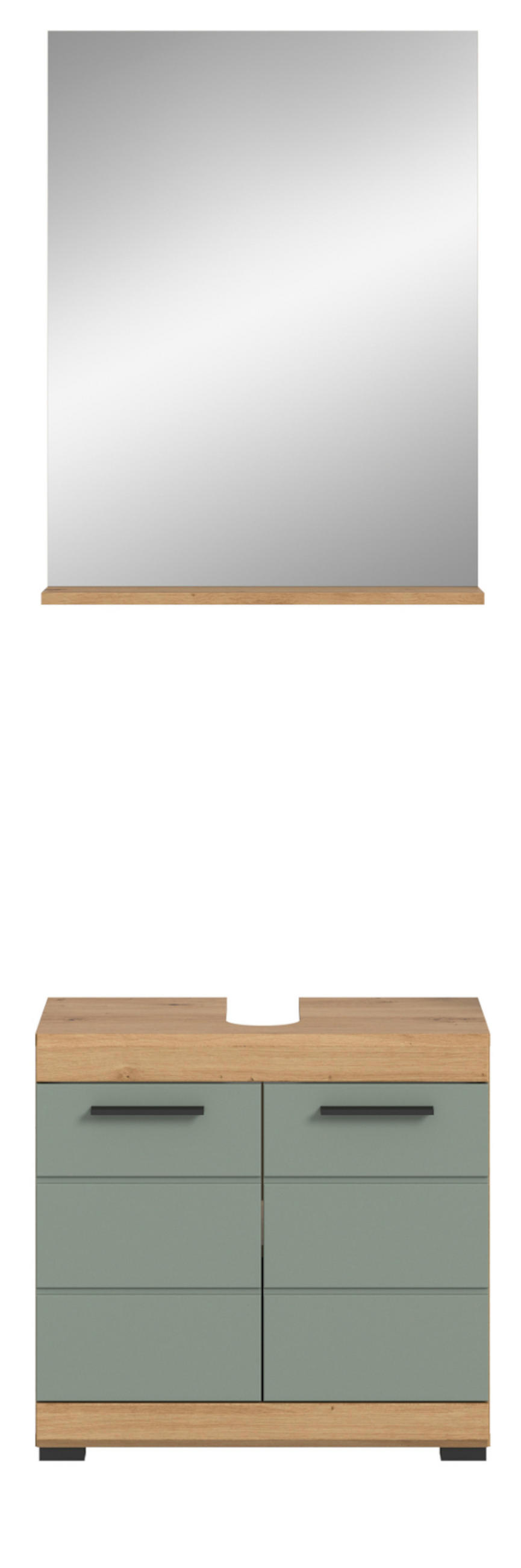 BADMÖBEL-SET Salbei grün, Eiche Artisan 2-teilig 60 cm, Kombination mit Spiegel - Salbeigrün/Schwarz, Glas/Holzwerkstoff (60/191/34cm) - Inn.Furn