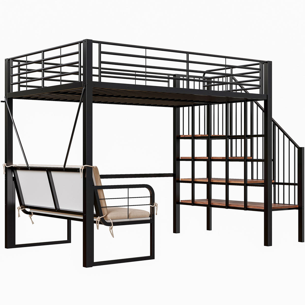 ETAGENBETT 140/200 cm schwarz aus Metall mit Sofa und Stauraum - Schwarz, Holzwerkstoff (140/200cm) - OKWISH