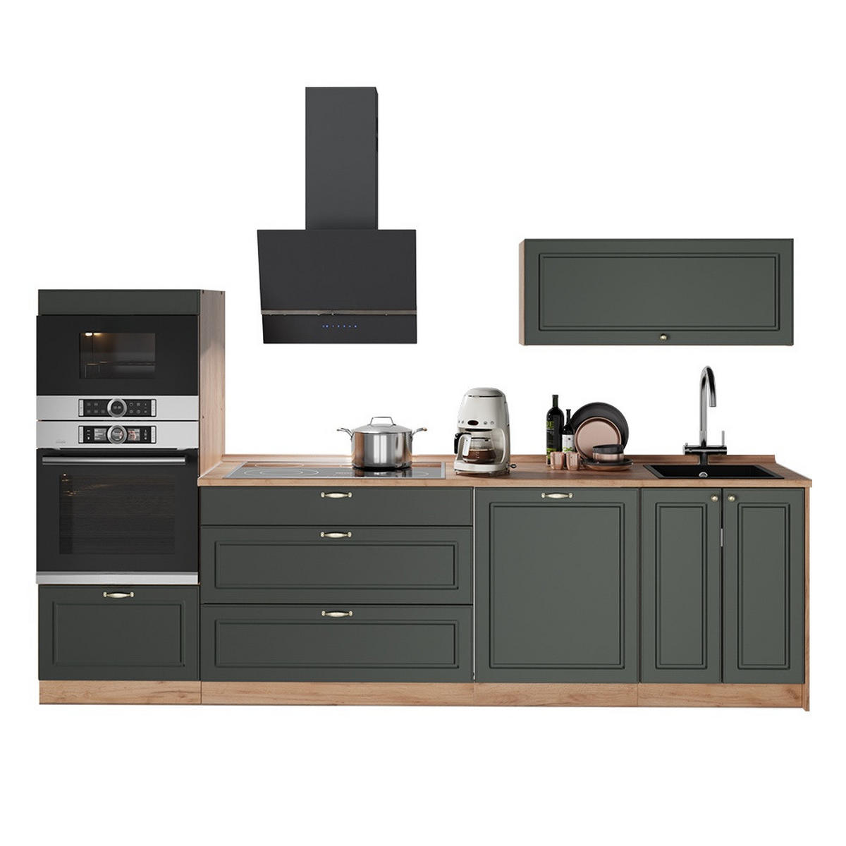 KÜCHENZEILE Fame-Line, Grün-Gold Landhaus/Goldkraft Eiche, 280 cm, AP Marmor - Honigeiche/Grün, Holzwerkstoff (280/153.6/60cm) - Vicco