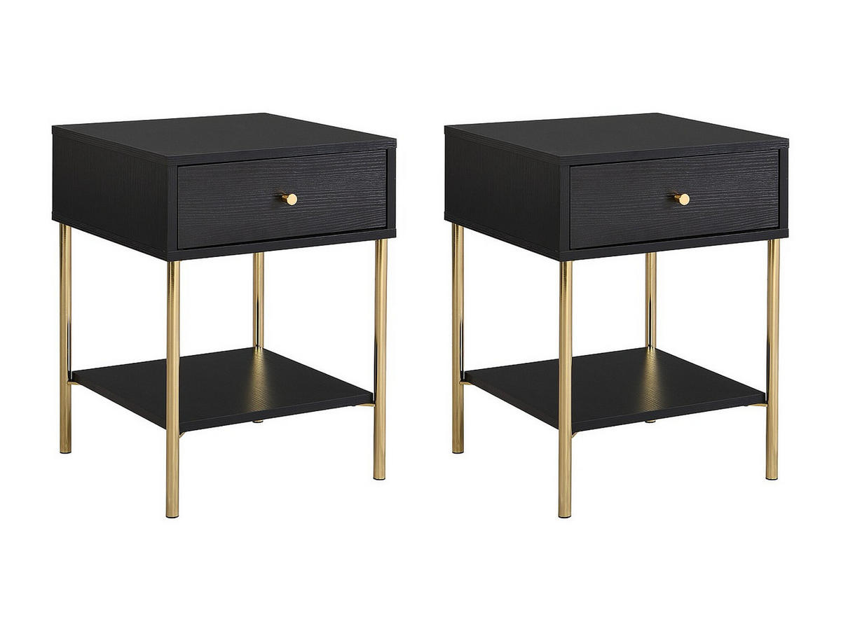 2ER-SET Nachttische mit 1 Schublade - MDF & Metall - Schwarz & Goldfarben - MILAVIA - Schwarz, Holz (40/55/40cm) - Vente-Unique