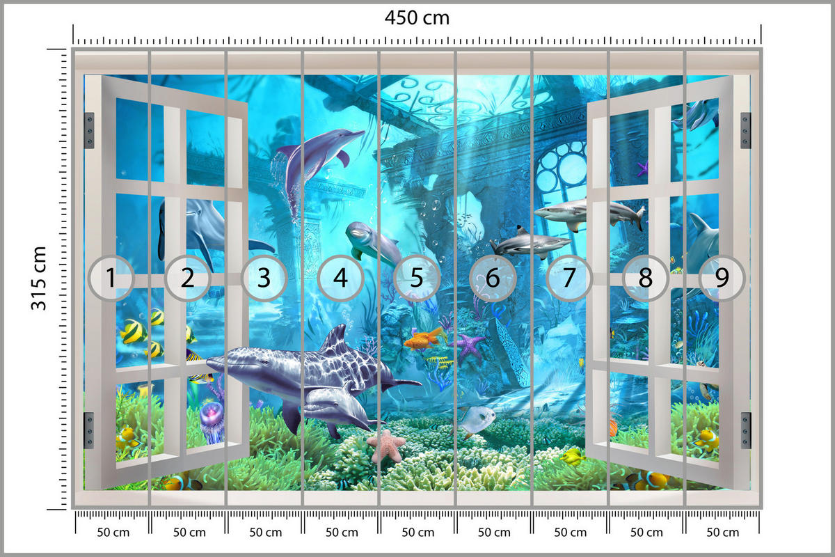 FOTOTAPETE für Schlafzimmer Fenster Unterwasserwelt Delfine Riff 450x315 - Blau/Weiß, Papier (450/315cm) - Muralo