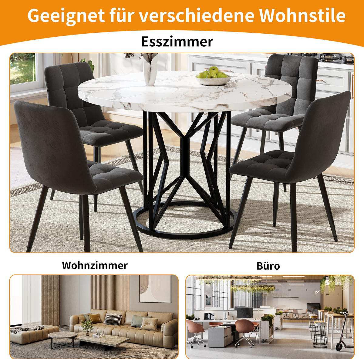 ESSTISCH 100x100x76 cm in Weiß und Gold aus MDF mit Marmoroptik auf schwarzem Metallgestell - Schwarz, Holzwerkstoff (100/100/76cm) - Modfu