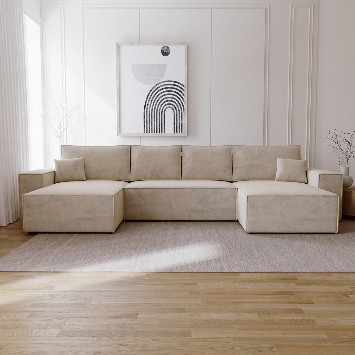 ECKSOFA 380 cm Bergamo U mit Bettkasten, Samt, Beige - Beige, Holz (377/189cm) - Emporius