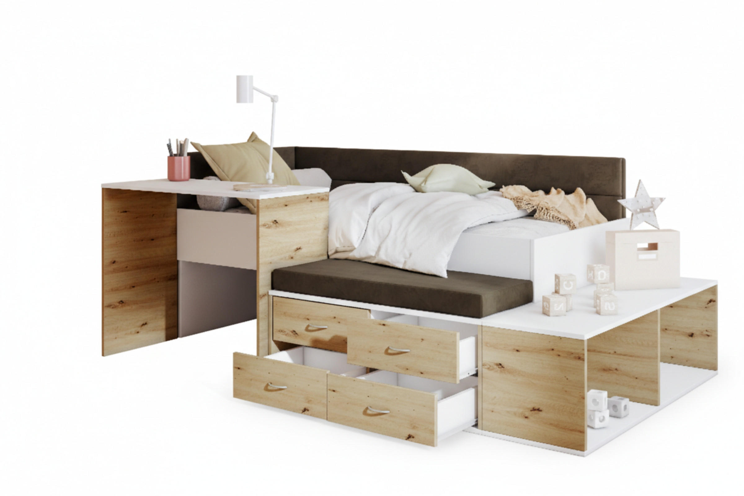 Deine Möbel 24 Jugendbett Weiß, Eiche 90x200 cm