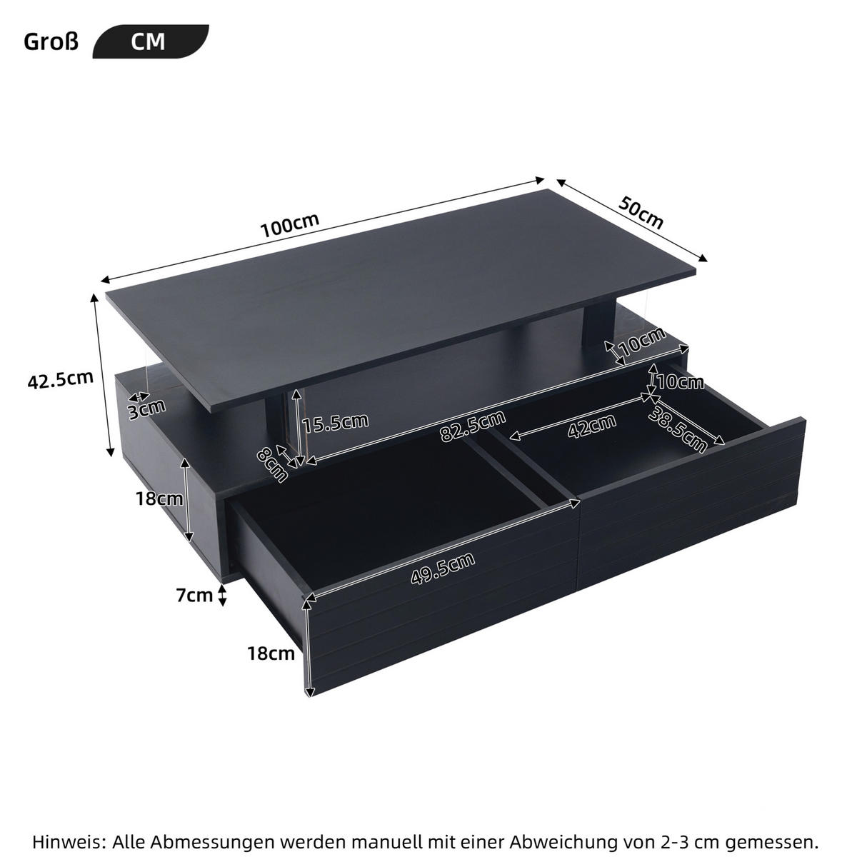 COUCHTISCH 100/50/42 cm schwarz mit LED-Beleuchtung App-Steuerung 2-Schubladen - Schwarz, Holzwerkstoff (100/50/42.5cm) - OKWISH