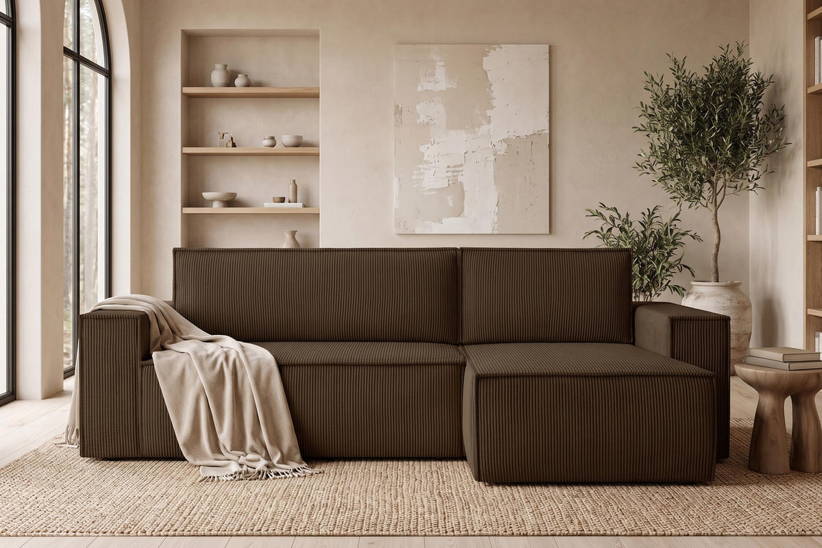 ECKSOFA-LINKS/RECHTS NAPI Schlaffunktion mit Cordbezug, choco - Dunkelbraun/Schwarz, Textil (262/148cm) - KONSIMO®
