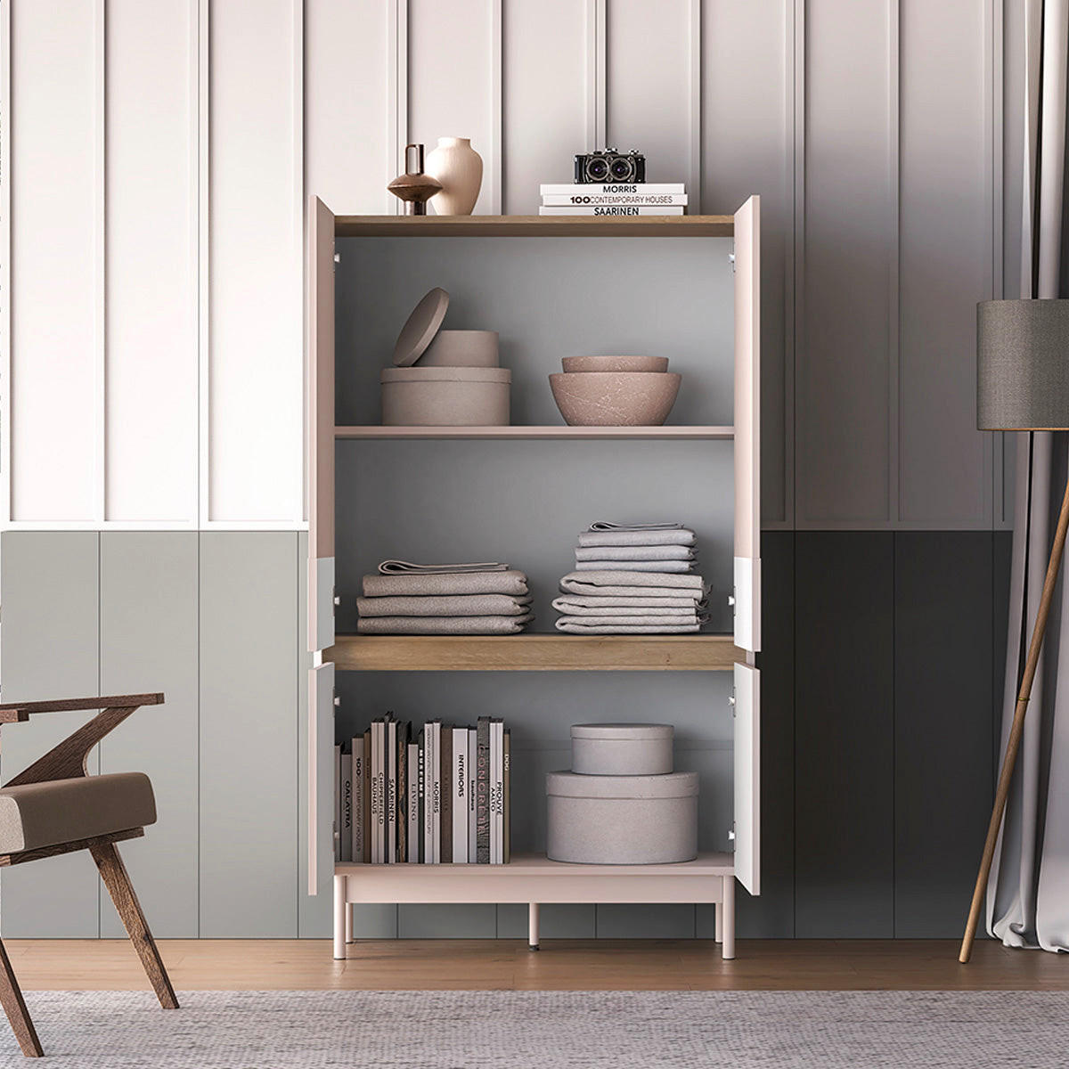 SCHRANK 4 Türen Connie Kaschmir und Holz - Beige, Holzwerkstoff (91.9/155.8/40cm) - Petits-meubles