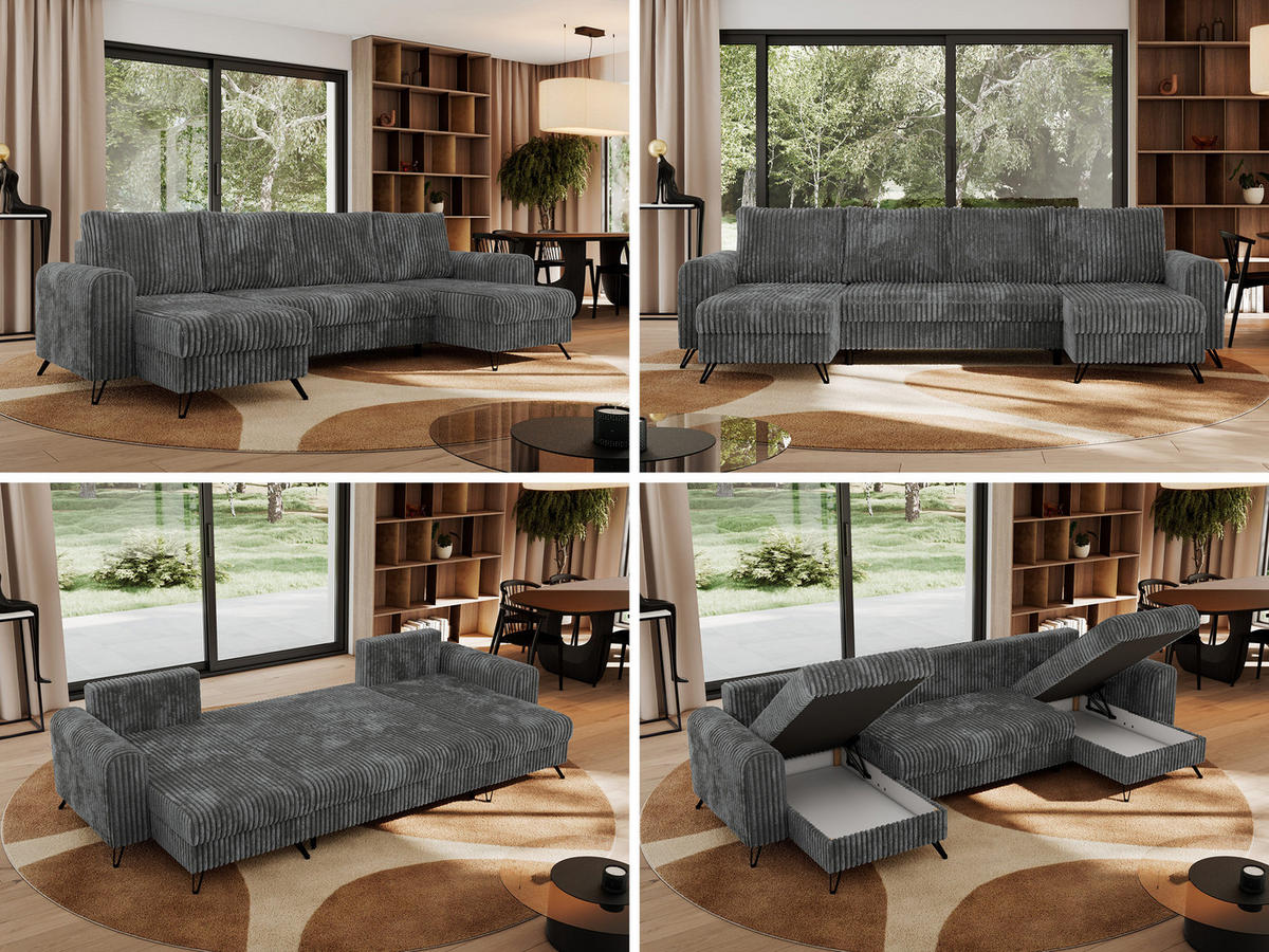 WOHNLANDSCHAFT AXEL U Cord Dunkelgrau - Schwarz/Grau, Textil/Metall (312/90/140cm) - MKS