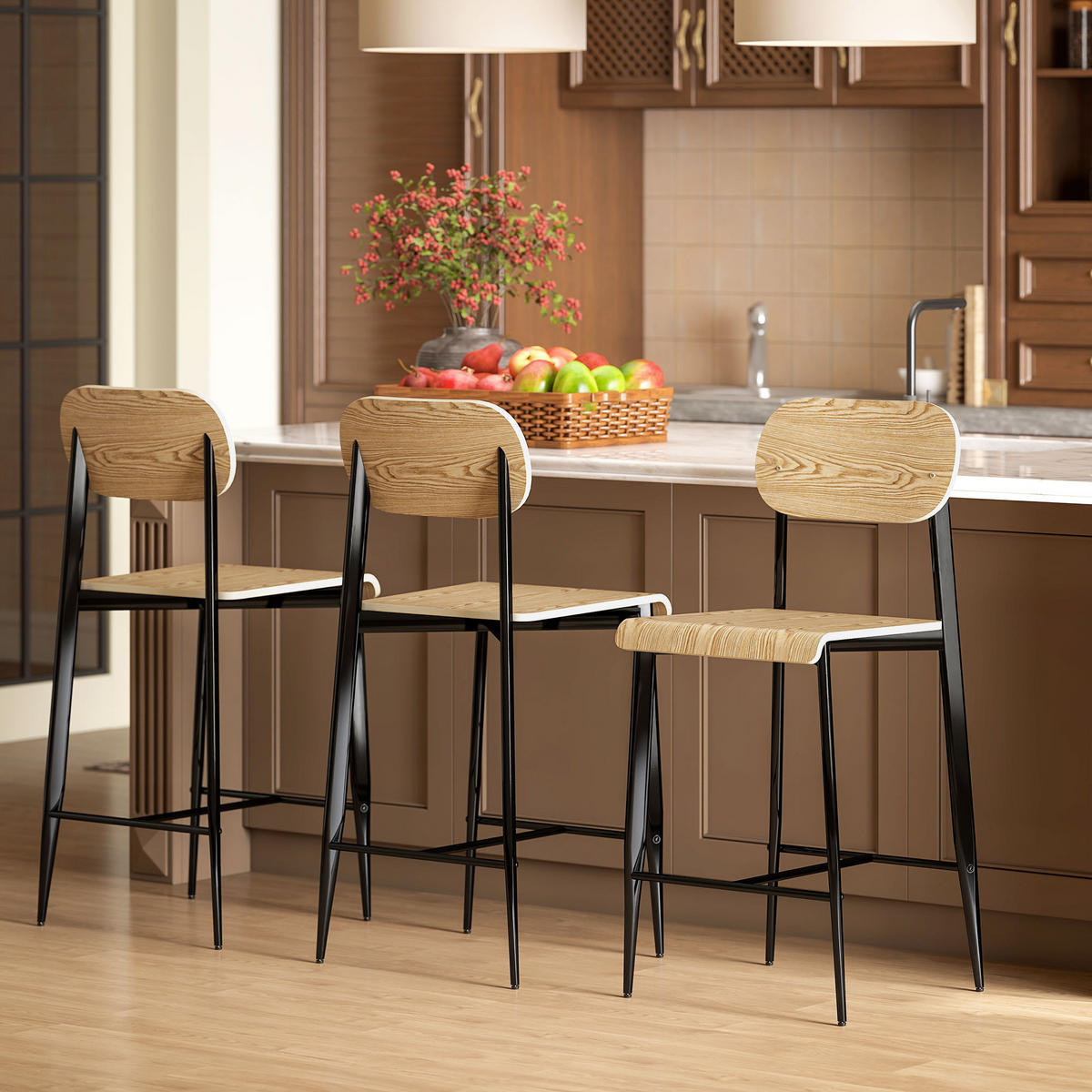 BARHOCKER 2er Set, Barstuhl mit Metallgestell, Küchenstuhl mit Sitzhöhe 66 cm - Naturfarben, Metall (43/103/55cm) - HOMCOM