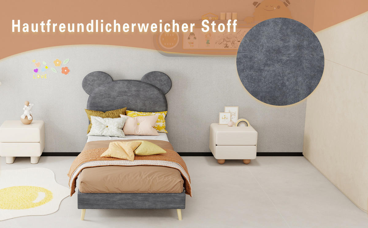 KINDERBETT 90/200 cm in Grau mit Bettkasten Stoff im Cartoon-Design - Naturfarben/Grau, Holzwerkstoff/Textil (90/200cm) - STILVORA