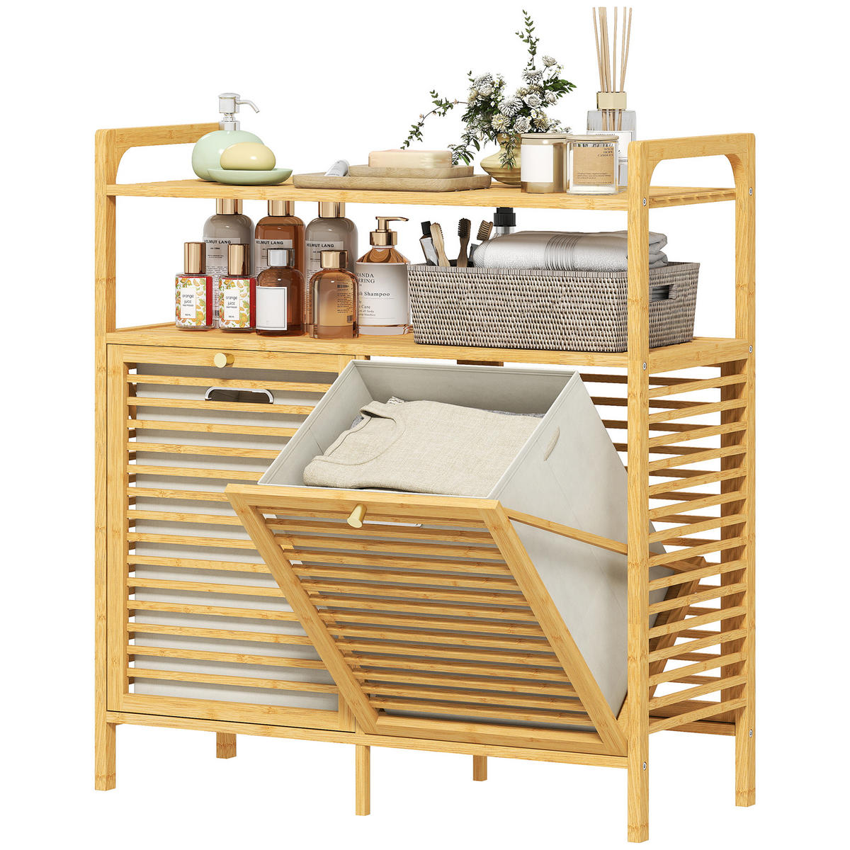 WÄSCHEREGAL DE-10375 mit 2 Wäschekörben Naturholz - Naturfarben, Naturmaterialien (82/88/33cm) - ComfortXL
