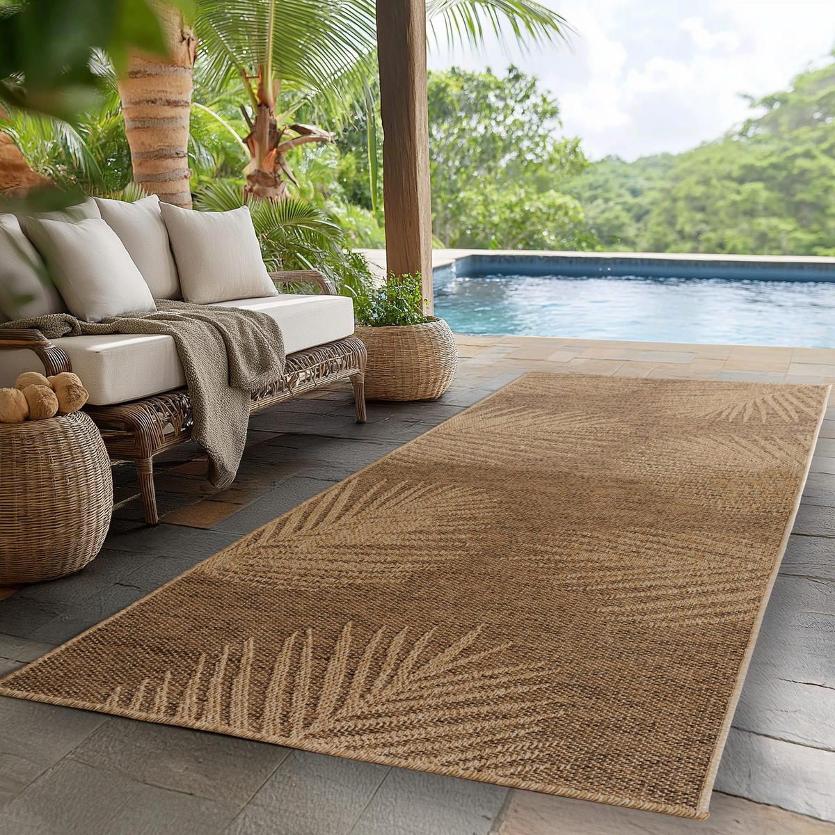 TEPPICH In-/Outdoor Jute-Optik Flachgewebe Blattmuster Polypropylen Braun Läufer 80x250 - Braun, Textil (80/250cm) - KADIMA DESIGN