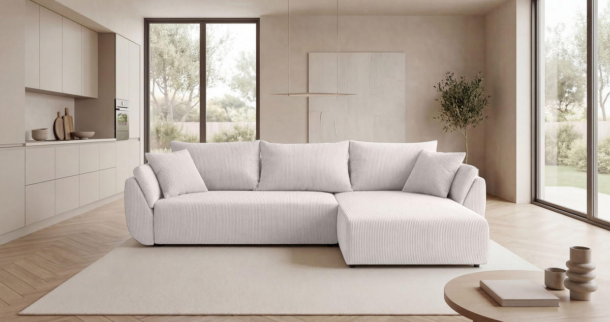 ECKSOFA SYDNEY rechts weiß Cord Poso 100 - Schlaffunktion, Bettkasten - Weiß, Textil (174/280cm) - Cornero