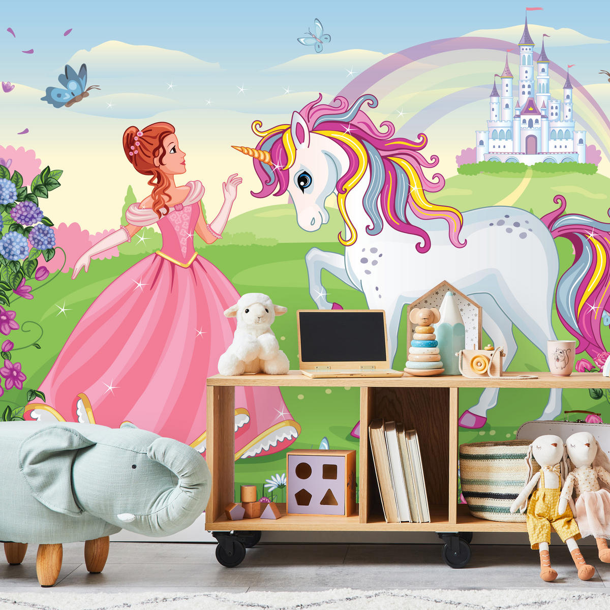 FOTOTAPETE für Kinderzimmer Prinzessin Einhorn Schloss Blumen 400x280 - Blau/Gelb, Papier (400/280cm) - Muralo