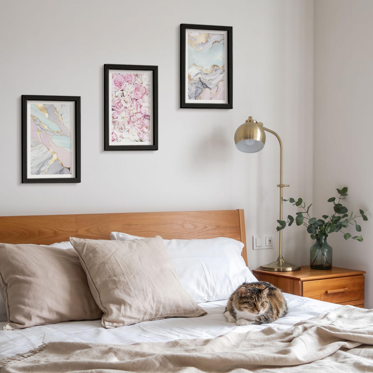 WANDBILDER 3er-Set - 20x30 cm Schwarzer Rahmen - Rosa Blumen Marmor Pastell - Schwarz, Kunststoff (20/30cm) - ArtPrintCave