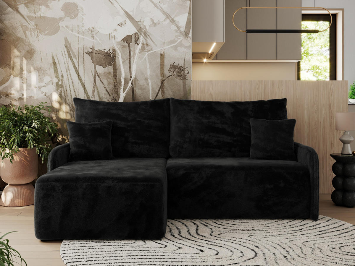 ECKSCHLAFSOFA ARPA L Schwarz Plüsch - links - Schwarz, Kunststoff/Textil (198/150cm) - MKS