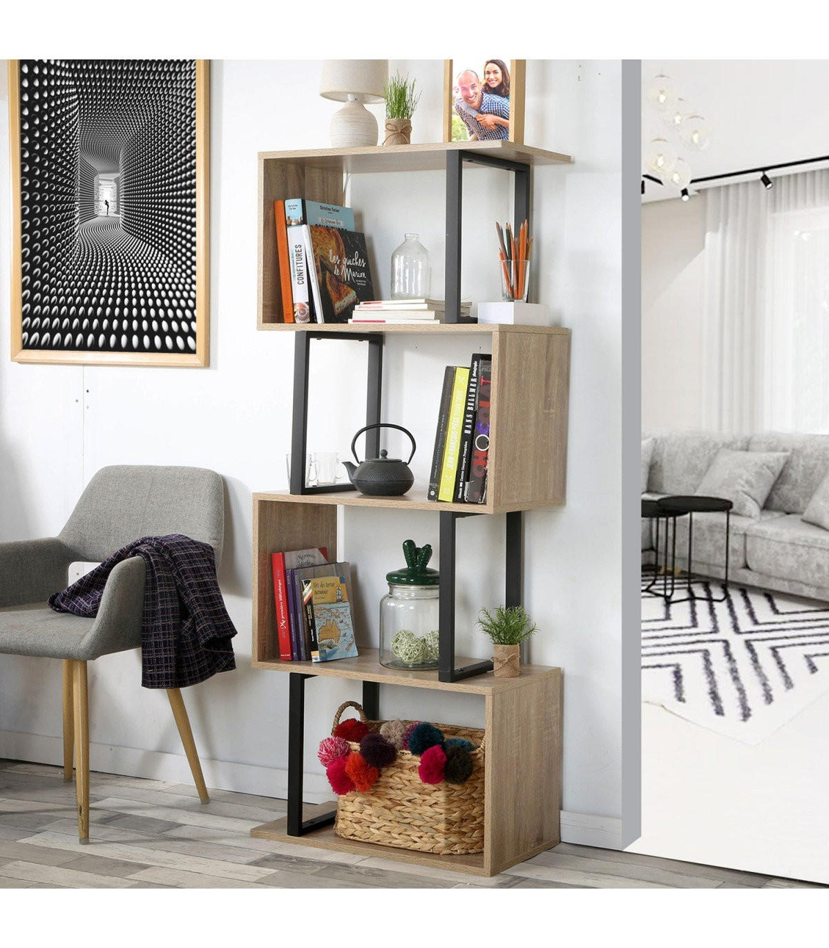 BÜCHERREGAL mit 4 Ebenen, Holzdekor und Metallständern - H148cm - Apfelbaumfarben, Holzwerkstoff (30/147.5/60cm) - Calicosy