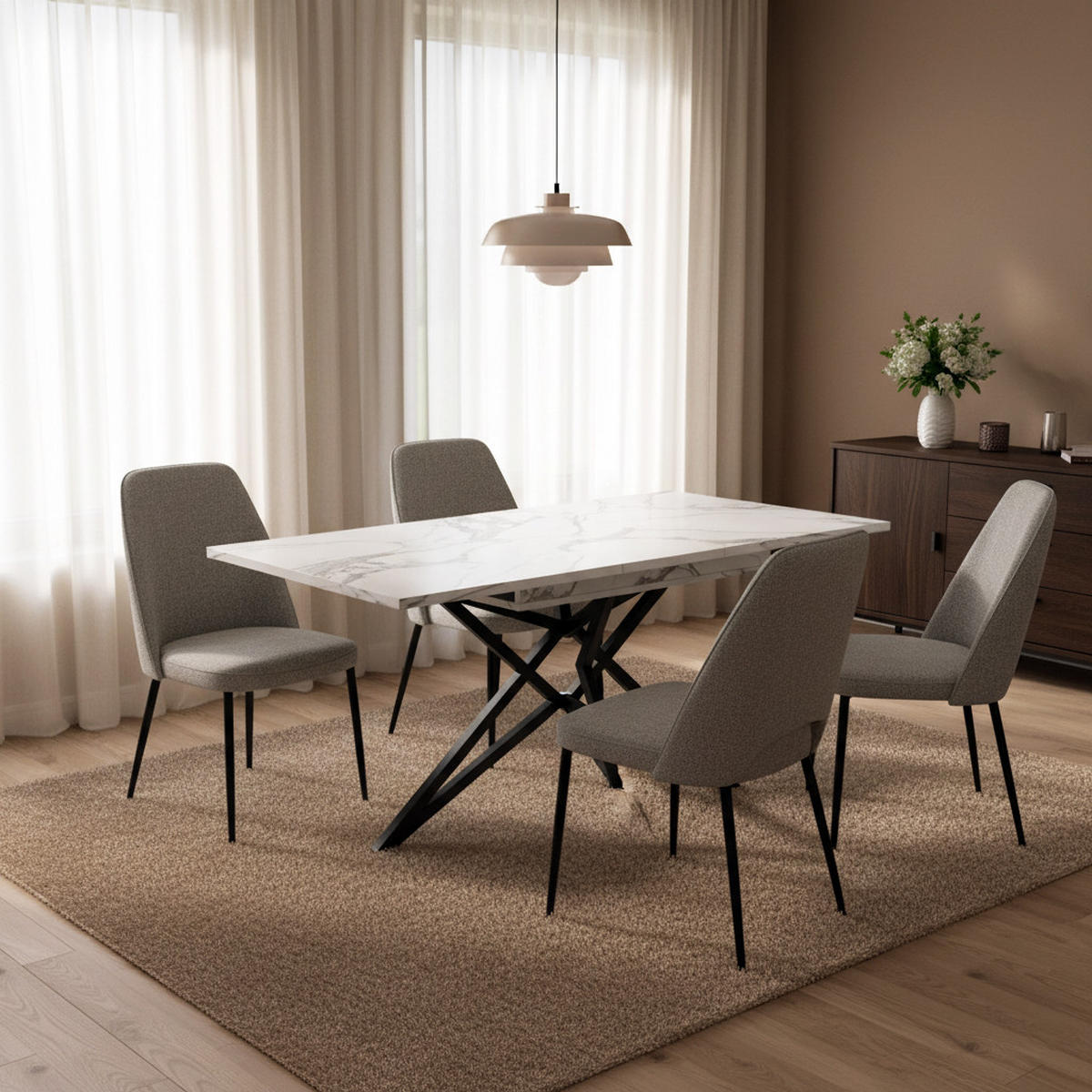 ESSTISCH AUSZIEHBARER Weiß Marmoroptik mit Ausziehfunktion & Sternfuß - Weiß, Holzwerkstoff/Metall (80/120/66.1cm) - Urban Meuble