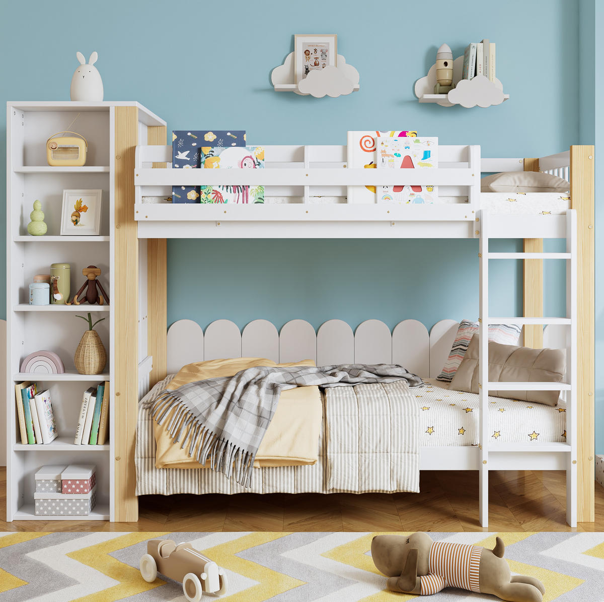 ETAGENBETT 90/200 cm in Weiß/Natur mit Kleiderschrank und 6 Regalen - Weiß, Holzwerkstoff (90/200cm) - Flora Grace