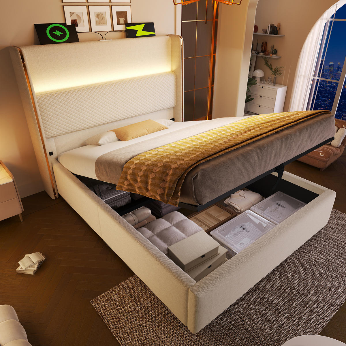 BETT Hydraulisches 90/200 cm Beige mit LED-Beleuchtung und Stauraum - Beige, Textil (90/200cm) - OKWISH