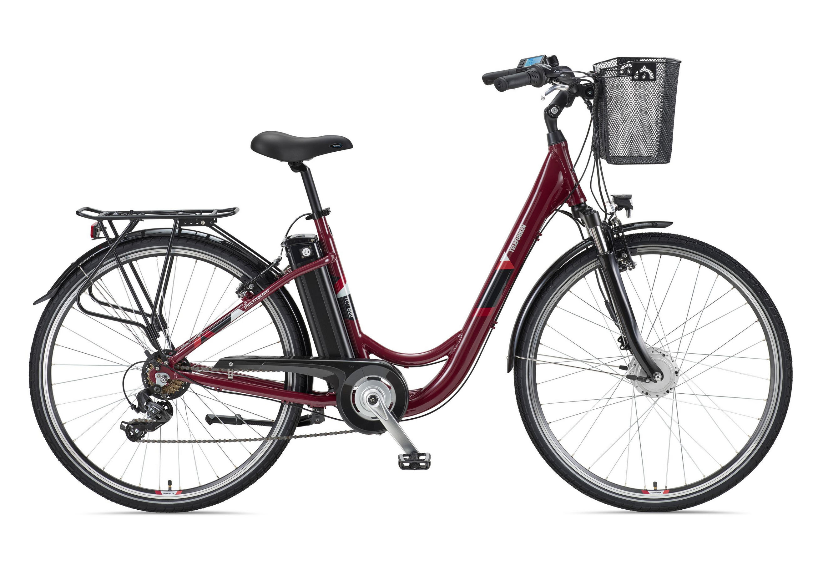 E-BIKE Cityrad Multitalent RC822 Für Damen u. Herren 374,4 Wh Frontmotor 7-Gang-Kettenschaltung 28 Zoll - Weinrot, Metall (114.5cm) - Telefunken