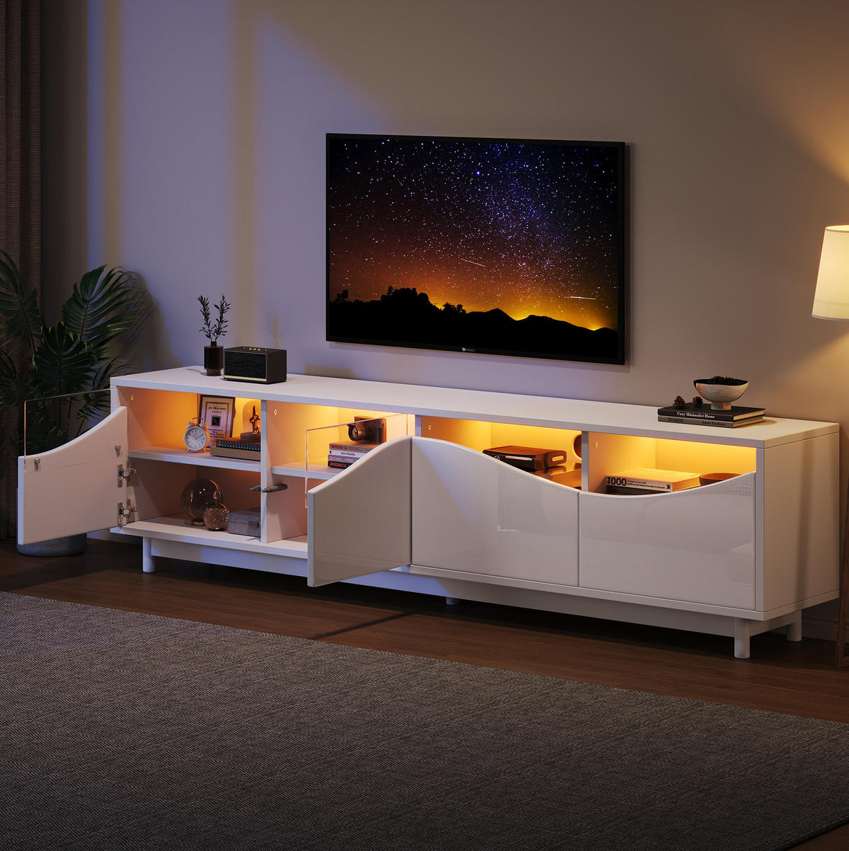 LOWBOARD 175/38/51 cm Weiß aus MDF mit LED-Beleuchtung - Weiß, Holzwerkstoff (38/51/175cm) - OKMYHOME