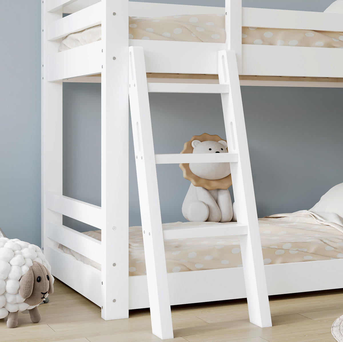 ETAGENBETT aus Kiefer und MDF 90x200 cm Weiß mit Tafel, kleiner Tür, Dach und schräger Leiter - Weiß, Holzwerkstoff (90/200cm) - Modfu