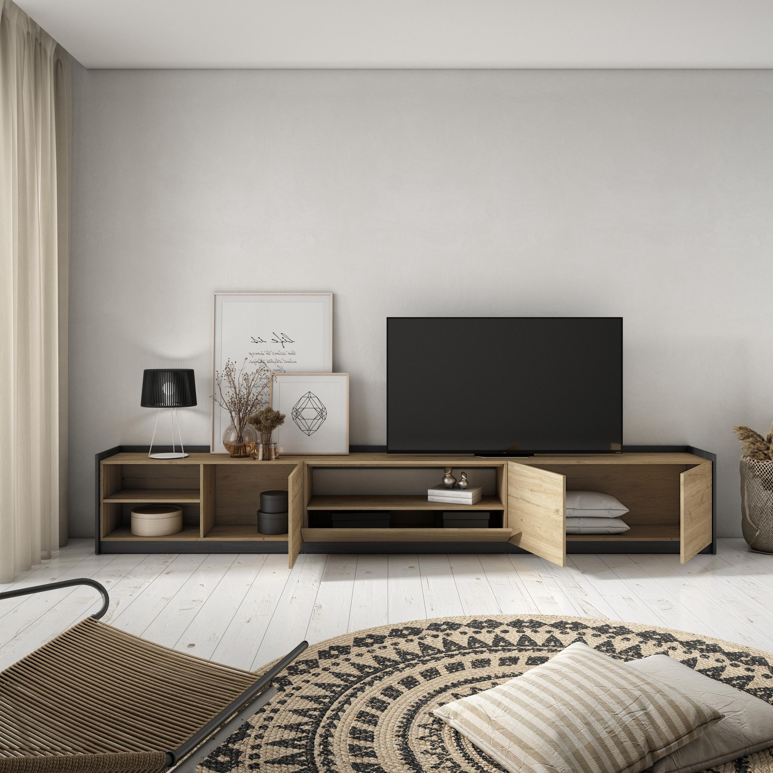 TV-SCHRANK, Lowboard, Eiche Schwarz, 310/37/50cm - Eichefarben, Holzwerkstoff (310/50/37cm) - Skraut Home