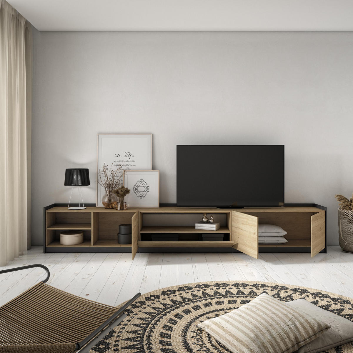 TV-SCHRANK, Lowboard, Eiche Schwarz, 310/37/50cm - Eichefarben, Holzwerkstoff (310/50/37cm) - Skraut Home