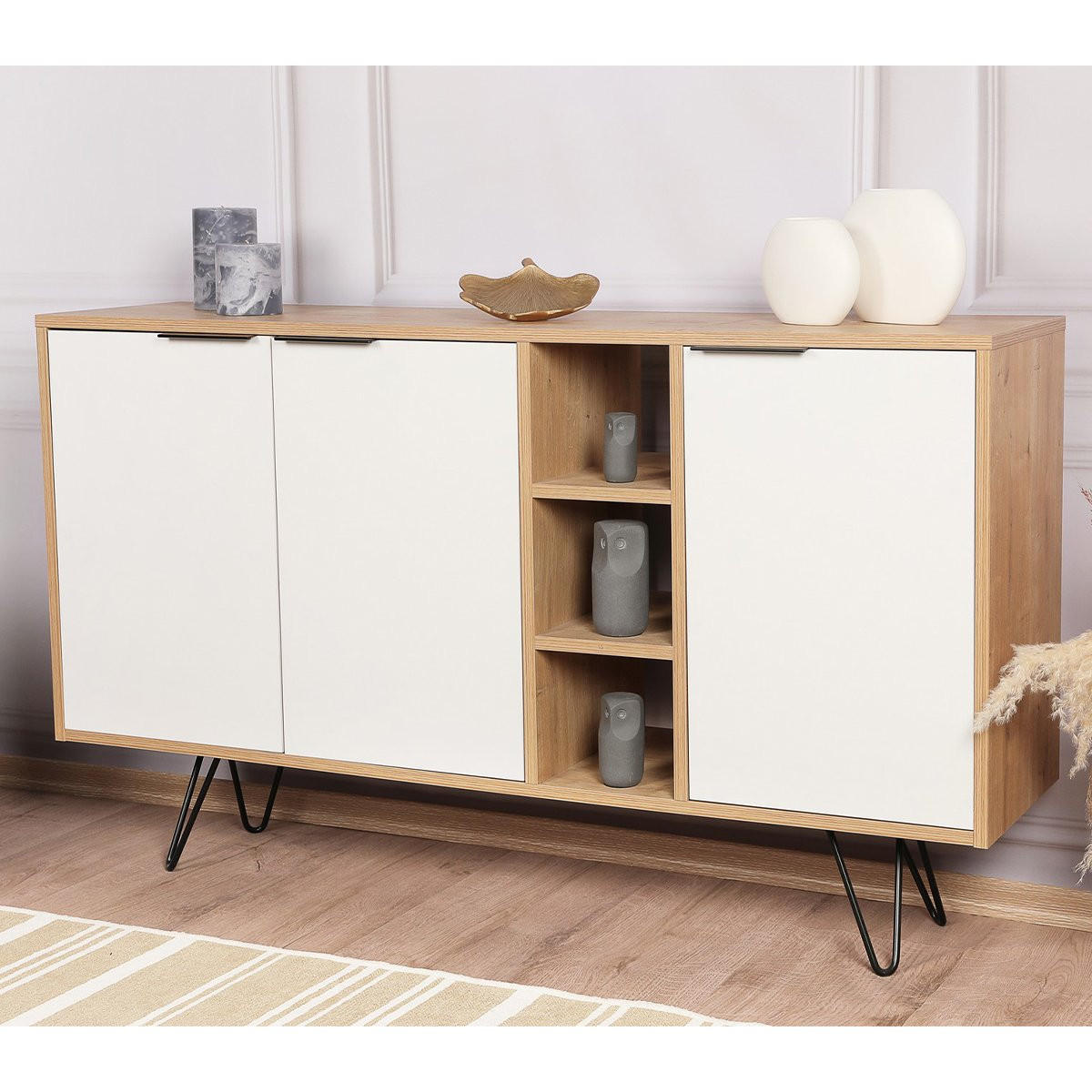 SIDEBOARD 3 Nischen und 3 Türen L142 cm - Clara - Eichefarben/Weiß, Holzwerkstoff (35.6/83/142cm) - Calicosy