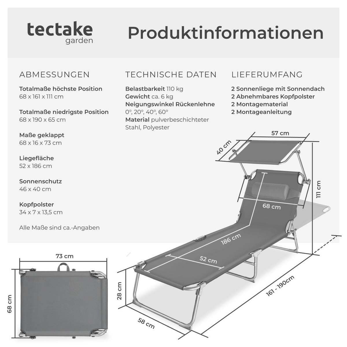 GARTENLIEGE 2er Set Chloé,190 x 68 x 65 cm,grau - Grau, Kunststoff (68/65/190cm) - tectake