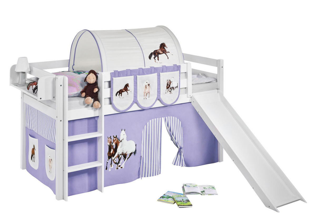 SPIELBETT JELLE Pferde Lila Beige - Hochbett - mit Rutsche und Vorhang - Weiß, Holz - Lilokids