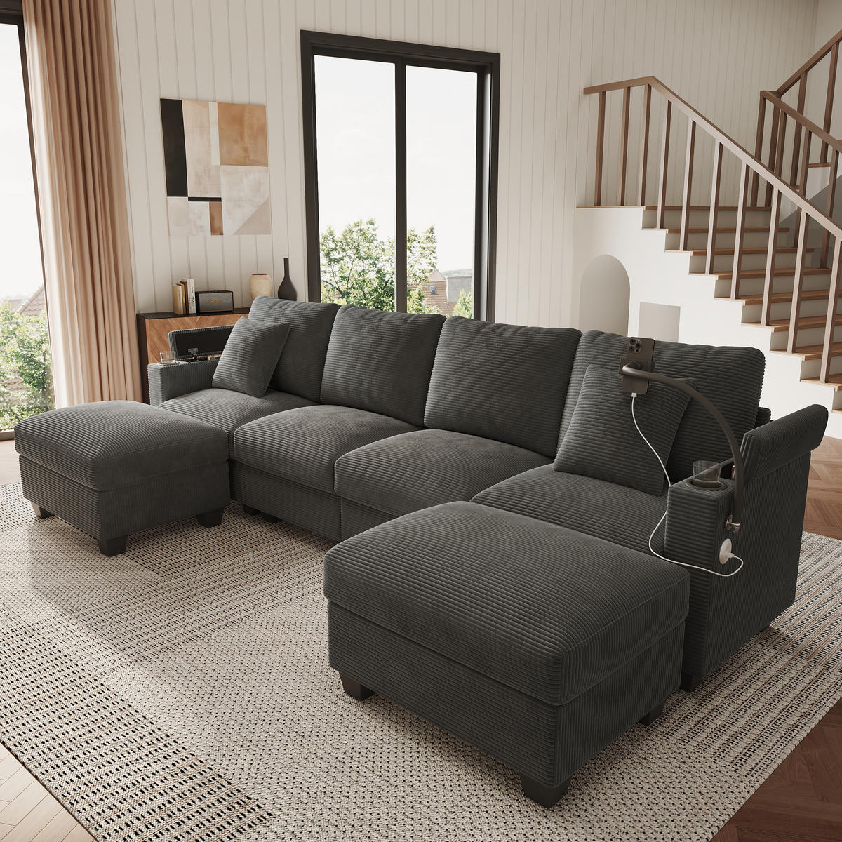 WOHNLANDSCHAFT 275.5/139/87 cm Grau mit Schlaffunktion, Handyhalter und USB-Ladeanschluss - Grau, Textil (275.5/87/139cm) - Oxeza