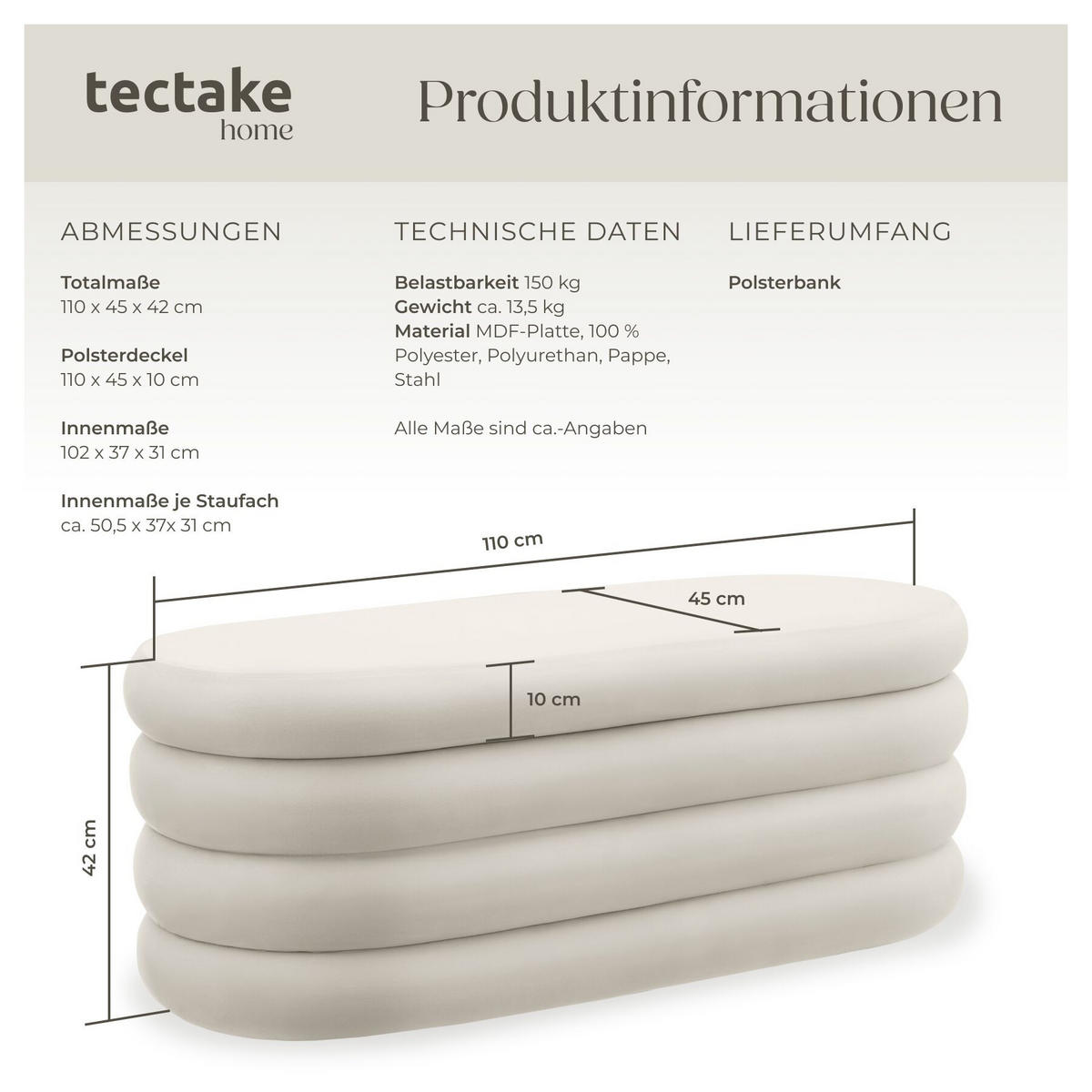 Truhenbank Altu,110 x 45 x 42 cm,Samtoptik creme-weiß - Weiß/Samtahornfarben, Holz (110/42/45cm) - tectake