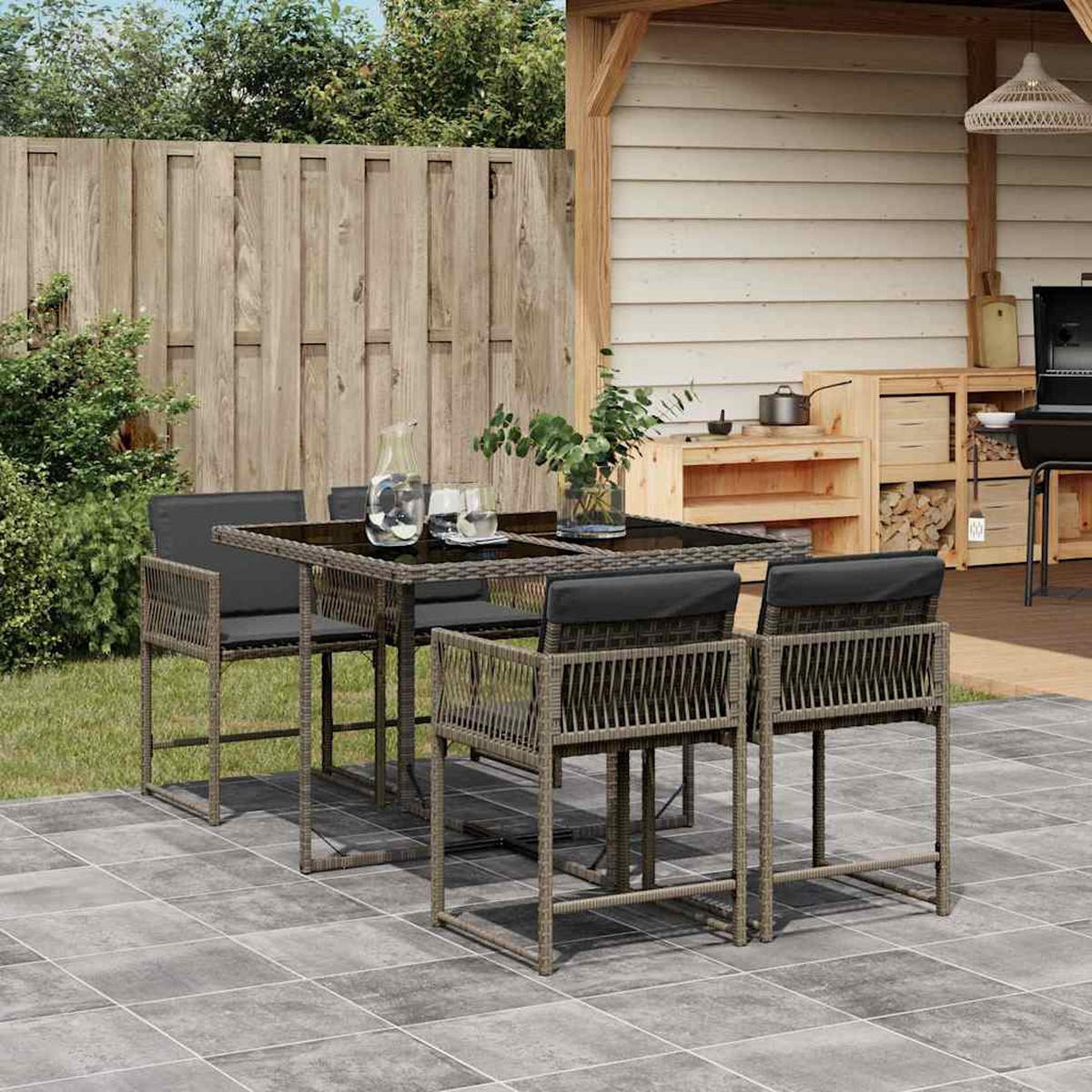 GARTEN-ESSGRUPPE 5Er Set Mit Kissen Grau Poly Rattan - Grau, Kunststoff - vidaXL