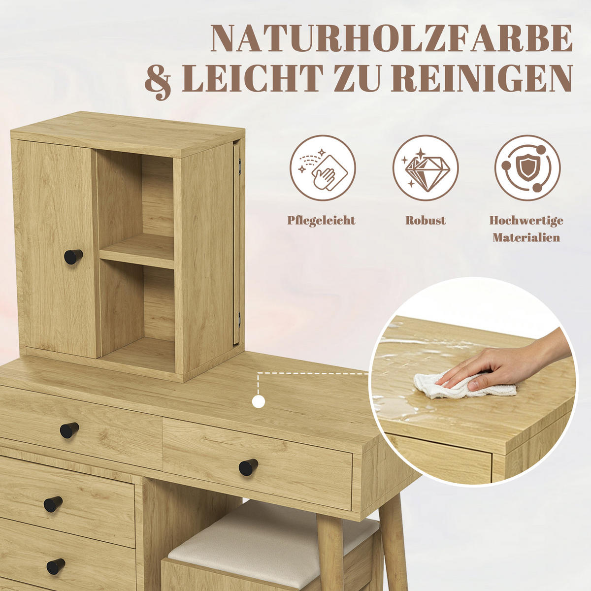 SCHMINKTISCH Set mit Spiegel und Hocker, Frisiertisch ausziehbar, Kosmetiktisch skandinavisch, 84x40x120 cm - Eichefarben/Beige, Glas/Holzwerkstoff (84/120/40cm) - LVHOM