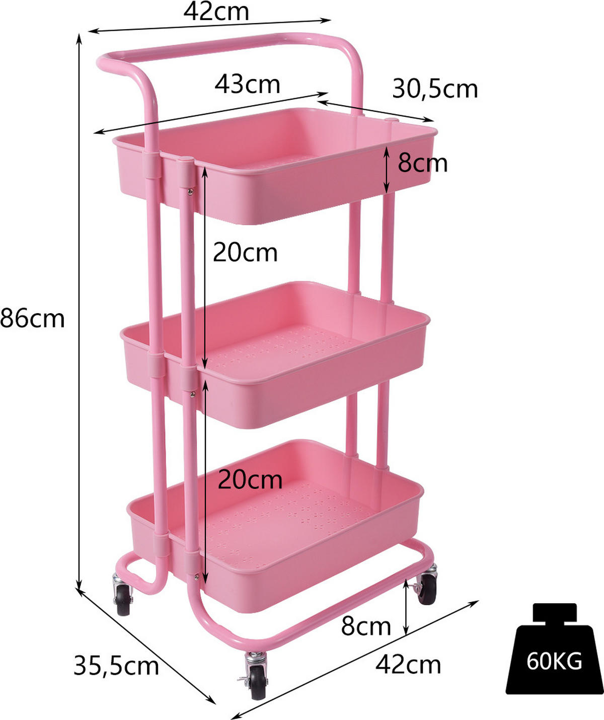 STORAGE TROLLEY Pink - Pink, Metall (42/87/35cm) - COSTWAY