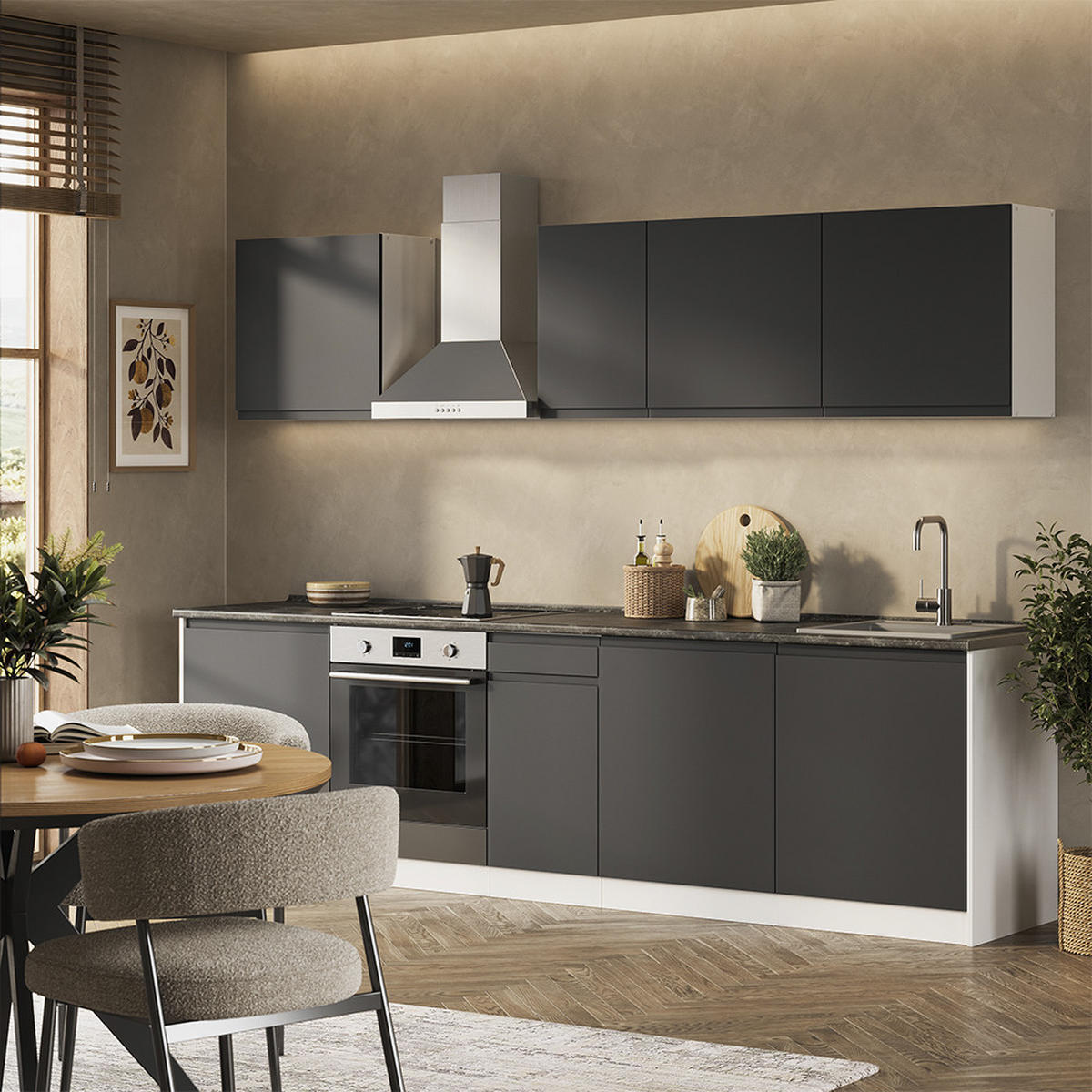 KÜCHENZEILE R-Line, Anthrazit/Weiß, 280 cm Arbeitsplatte Satin - Anthrazit/Weiß, Holzwerkstoff (280/206.8/60cm) - Vicco