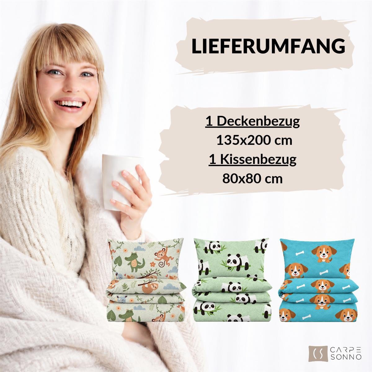 FLEECE-KINDERBETTWÄSCHE 135x200 für Kinder - Warme Kinder Winter Bettwäsche aus Polyester - Pandas - Grün, Textil (135/200cm) - Carpe Sonno