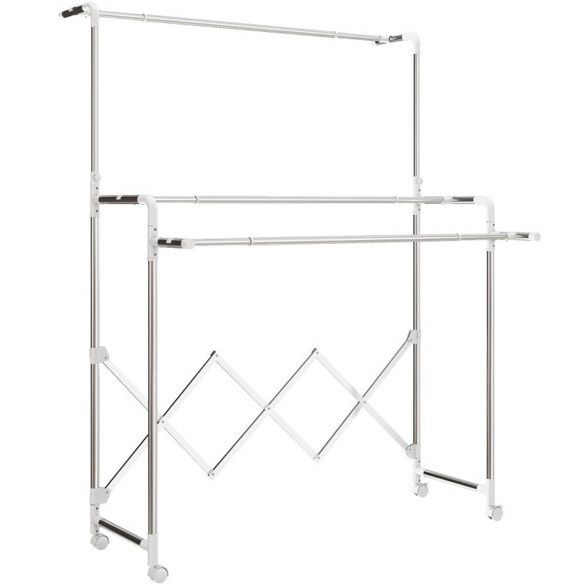 GARDEROBENSTÄNDER faltbar aus Edelstahl mit 3 ausziehbaren Stangen und Rollen - Silberfarben, Metall (150/197/103cm) - BEAOK
