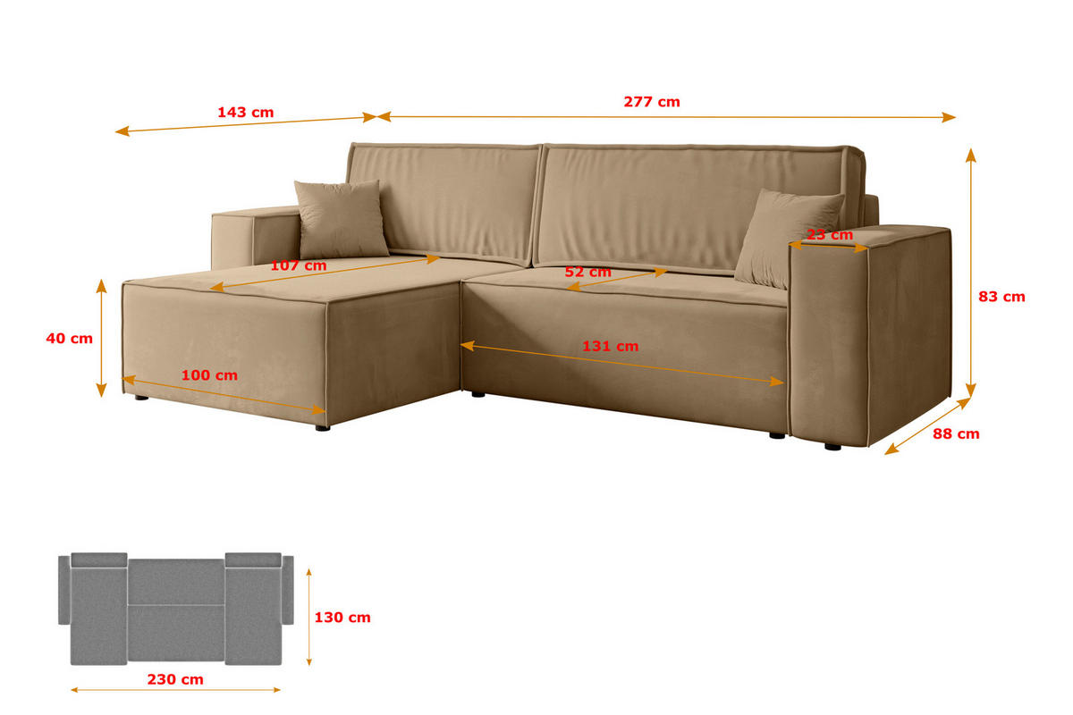 ECKSOFA mit Schlaffunktion und Bettkasten CELTIC-XL - 277x143x83 cm Beige Velours - Hellbraun/Beige, Holzwerkstoff/Kunststoff (277/143cm) - ALTDECOR