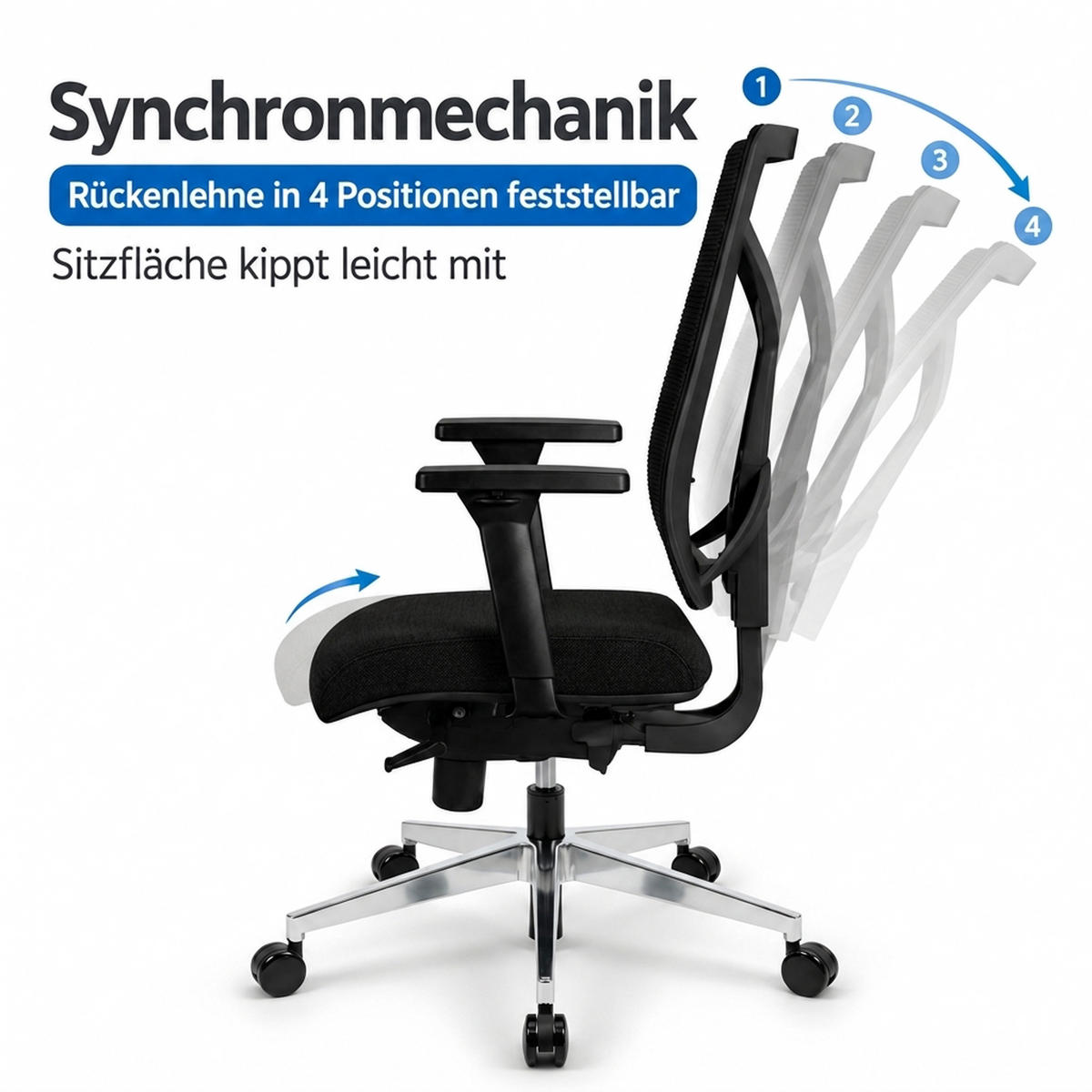 BÜROSTUHL V1801 Stoff/Mesh Schwarz - ergonomisch, 150 kg belastbar, Sitzhöhe 47-59cm - Schwarz, Kunststoff/Textil (65/105/65cm) - Versee
