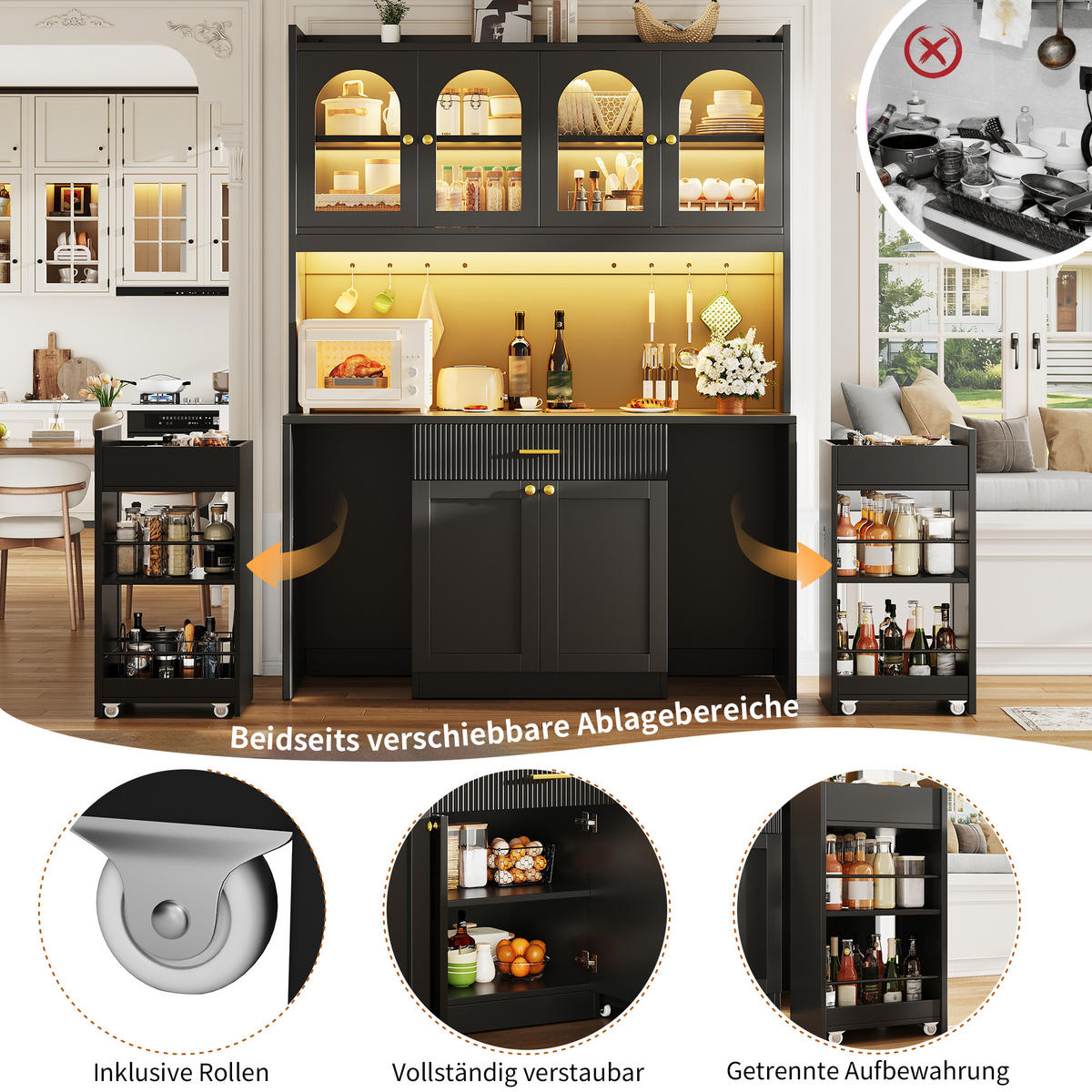 HIGHBOARD Schwarz 120×40×187 cm mit RGB-LED und Glasvitrinen aus Holzwerkstoff - Schwarz, Holzwerkstoff (120/187/40cm) - Luhomfu