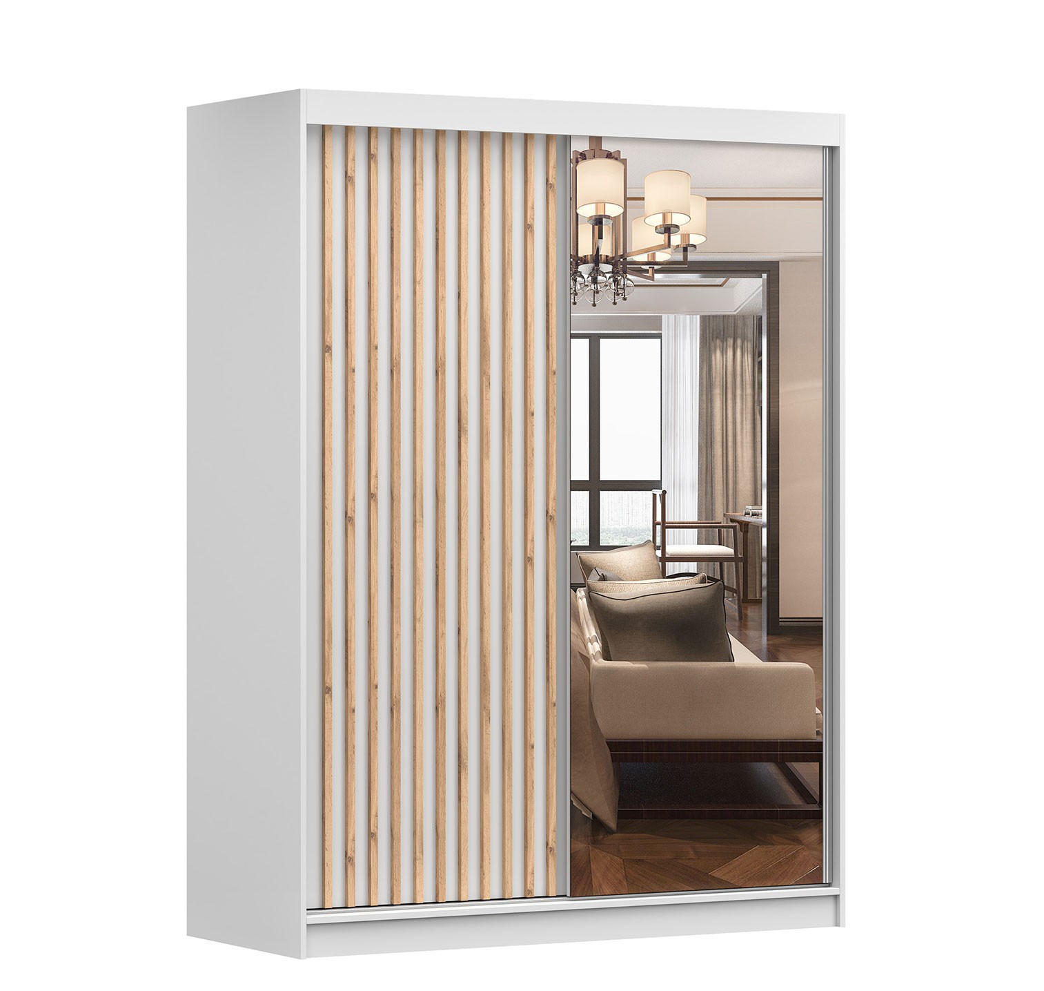 imoebel24 Schwebetürenschrank Weiß, Sonoma Eiche 150x200x61 cm
