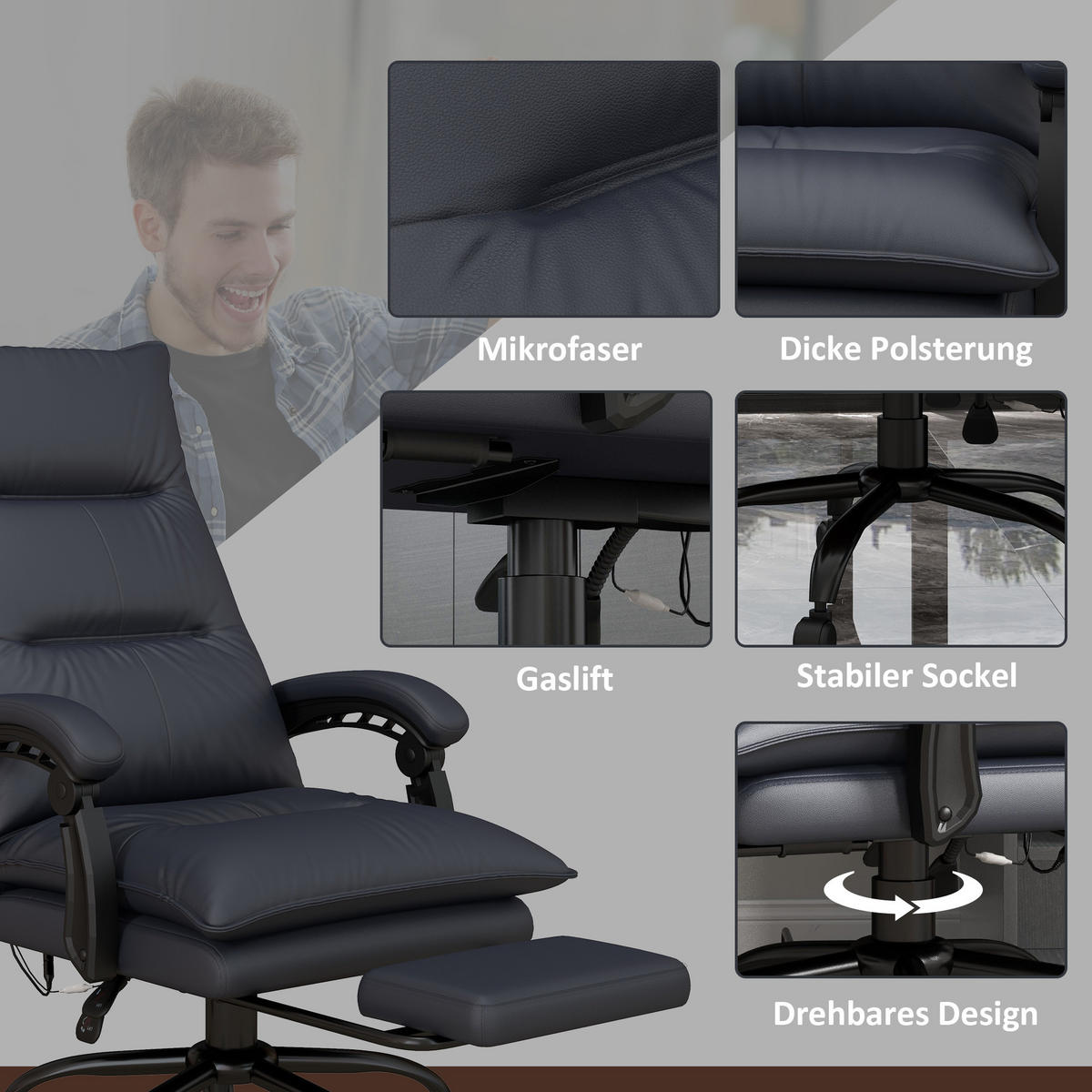 MASSAGE-BÜROSTUHL, Polyester, Schaumstoff, MDF, Stahl, Dunkelgrau - Dunkelgrau, Kunststoff (74/121.5/66cm) - Vinsetto