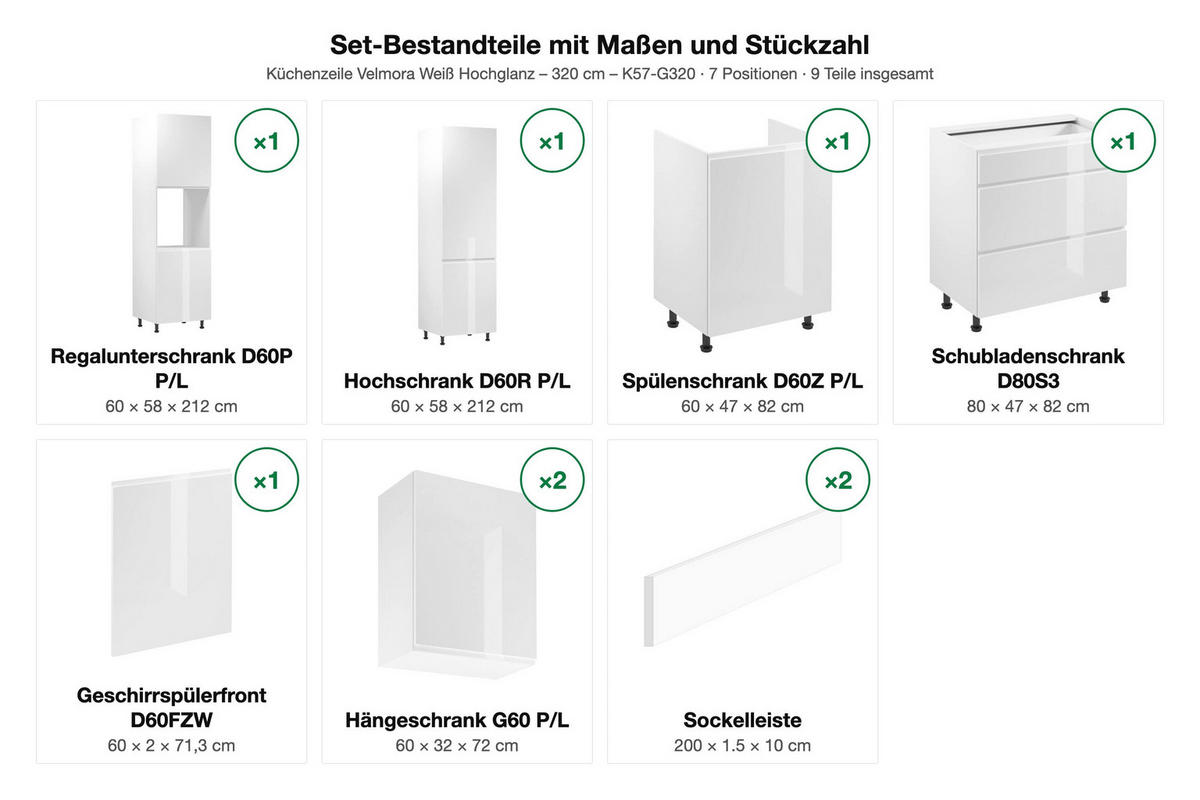 KÜCHENZEILE – 320 cm – K57-G320 – Velmora – Weiß – ohne E-Geräte - Weiß, Holz (320/212/58cm) - ROYAL24_MARKT